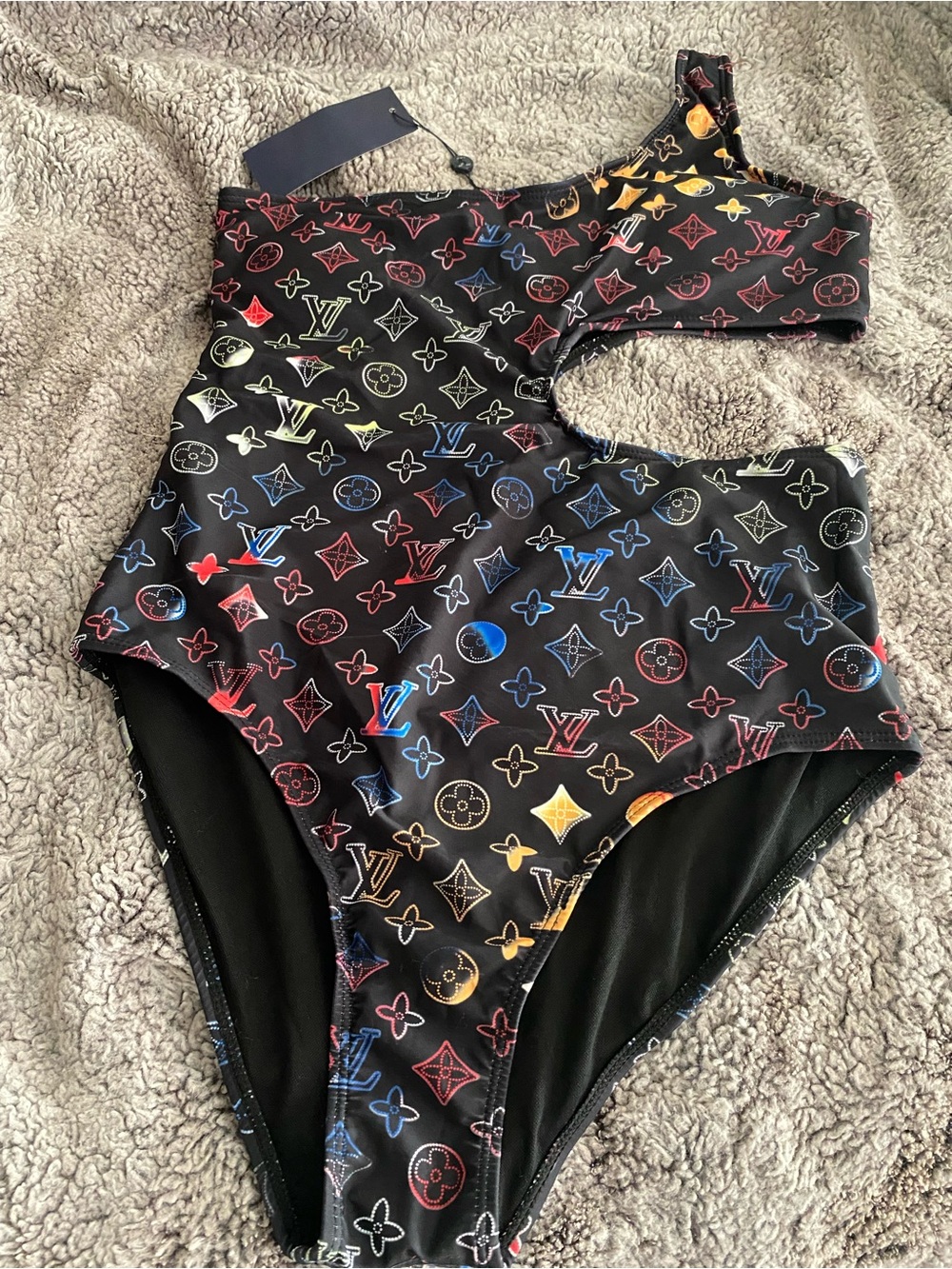 LV Black One-Shoulder Swimsuit with Multicolor Monogram